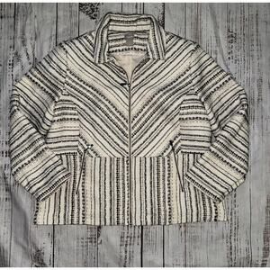 CHICO'S Cotton Blend Striped Tweed‎ Zipper Front Jacket Sz 3 16/18 Ivory/Blk/Tan